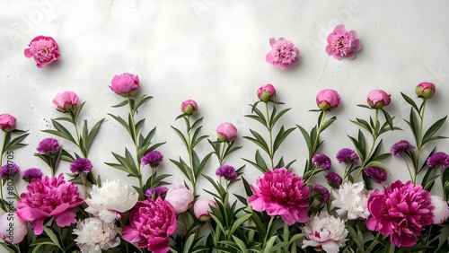 Pink and purple peony flowers arranged in a flatlay on a simple white background. Concept Floral Arrangement, Peony Flowers, Pink and Purple, Flatlay Photography, Simple Background