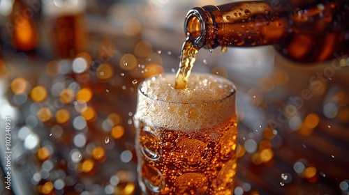 Refreshing Beer Pouring Into Glass With Bubbles and Foam photo