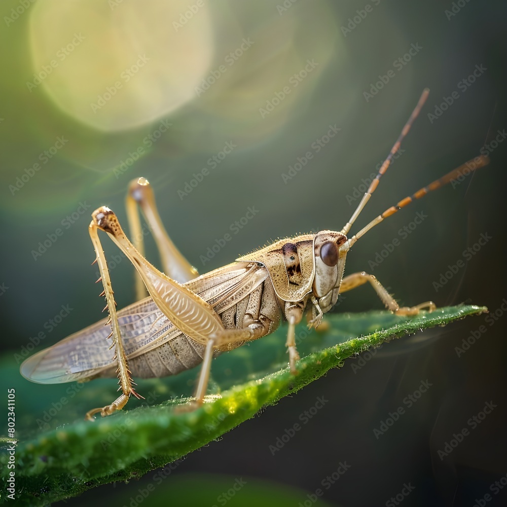 Fototapeta premium Grasshopper Perched on a Green Leaf