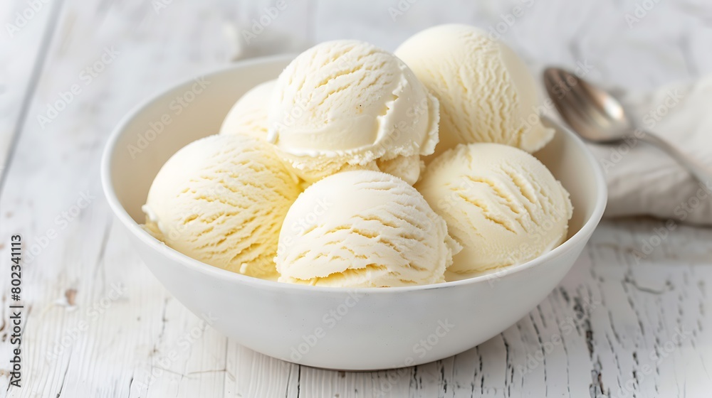 Bowl with vanilla ice cream balls on white wood background Bowl with vanilla ice cream balls on white wood background