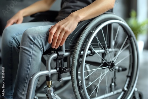 Close-up of hand on wheelchair wheel