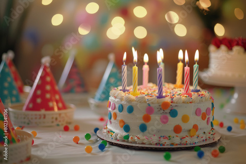 playful birthday cake with colorful candles  surrounded by fun party hats and a lively atmosphere