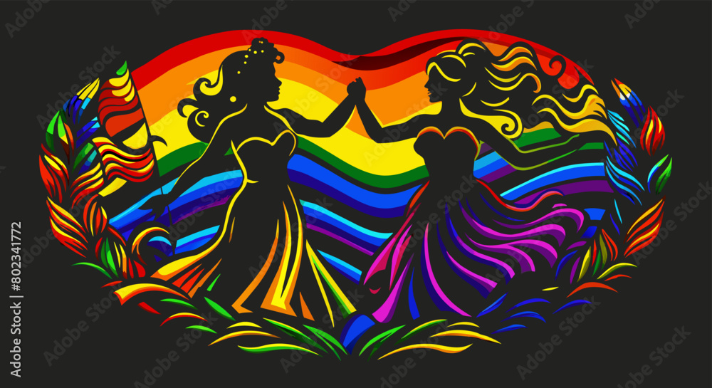 Vibrant illustration of two women in a loving embrace, set against a colorful rainbow backdrop, symbolizing lesbian pride and freedom in the lgbt community