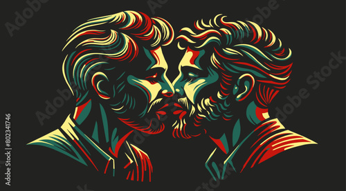 Vibrant illustration depicting two men in a close encounter, symbolizing love and unity within the lgbt community against a dark background, with a colorful and emotive artistic style