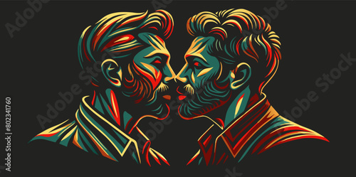 Artistic representation of a same-sex male couple about to kiss, depicted in vibrant, abstract colors to symbolize lgbt pride and the universal expression of love and intimacy