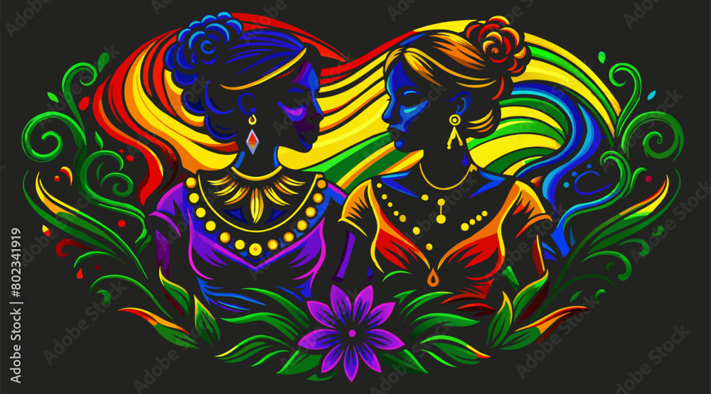 Vibrant illustration featuring two hindu women adorned in traditional clothing, sharing a moment of connection against a backdrop of intricate, psychedelic patterns and vivid colors