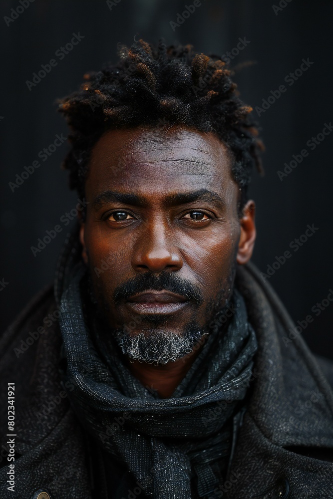 Portrait of a handsome african american man with afro hairstyle wearing a coat and scarf