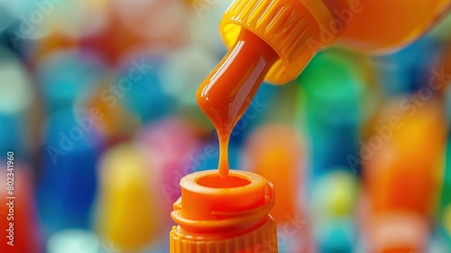 A close up of a glue bottle nozzle, with a drop ready to bond materials in a creative educational project