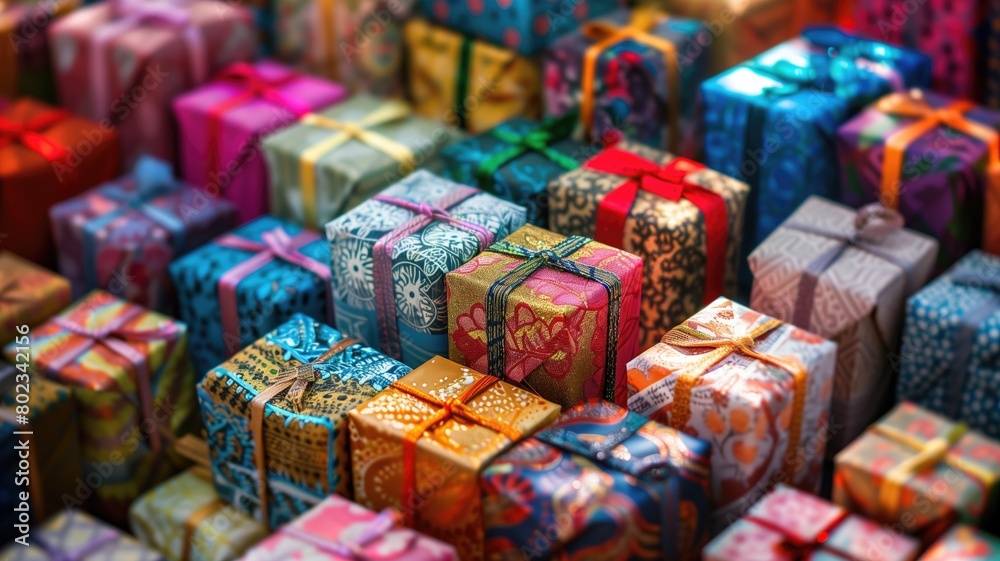 An array of vibrant gift boxes in various patterns.