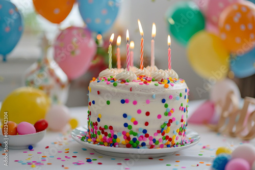 vibrant birthday cake with lit candles, surrounded by colorful balloons and confetti, on a white tablecloth, shallow depth of field