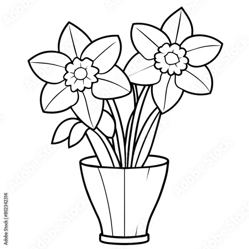 Daffodil flower on the vase outline illustration coloring book page design, Daffodil flower on the vase black and white line art drawing coloring book pages for children and adults