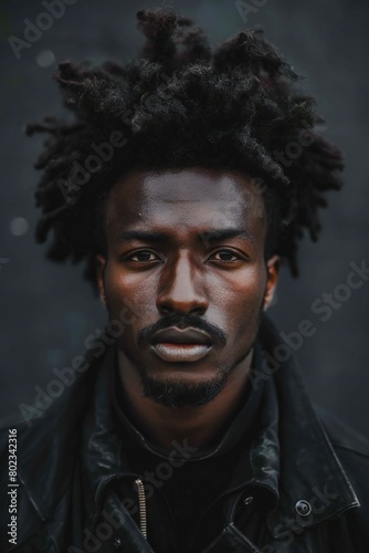 Portrait of a young african american man with afro hairstyle and leather jacket
