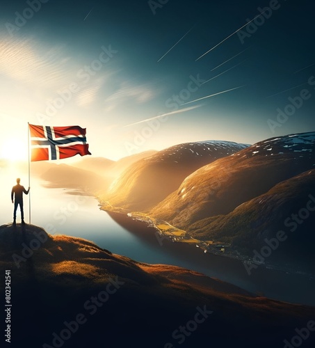 Illustration for norway constitution day with a silhouette of a man on mountain holding the norwegian flag. photo