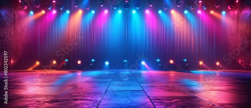 A stage set for a night of festivities with colorful lights shining brightly against a dark background awaiting performers for a concert or show.