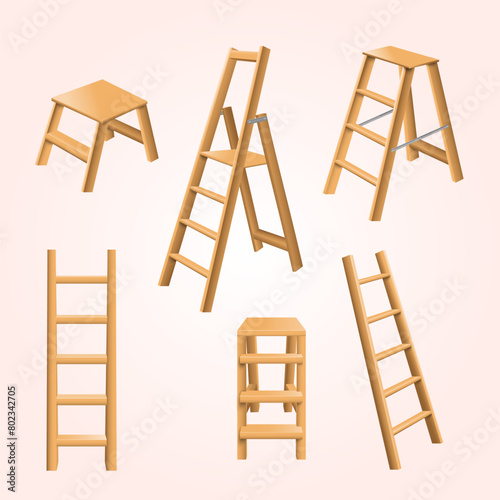 Wooden ladders realistic set