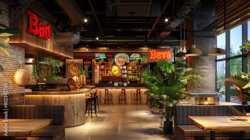 Colorful D Rendering of a Vibrant BBQ Restaurant with Inviting Aesthetics
