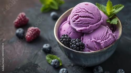 Cold ice cream sorbet made of frozen mint and berries Purple sorbet with a berries flavor