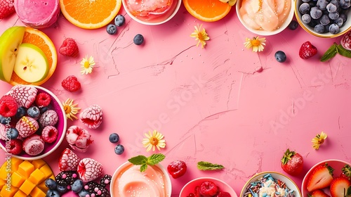 Collection of colorful summer frozen desserts Top view bottom border on a pink background