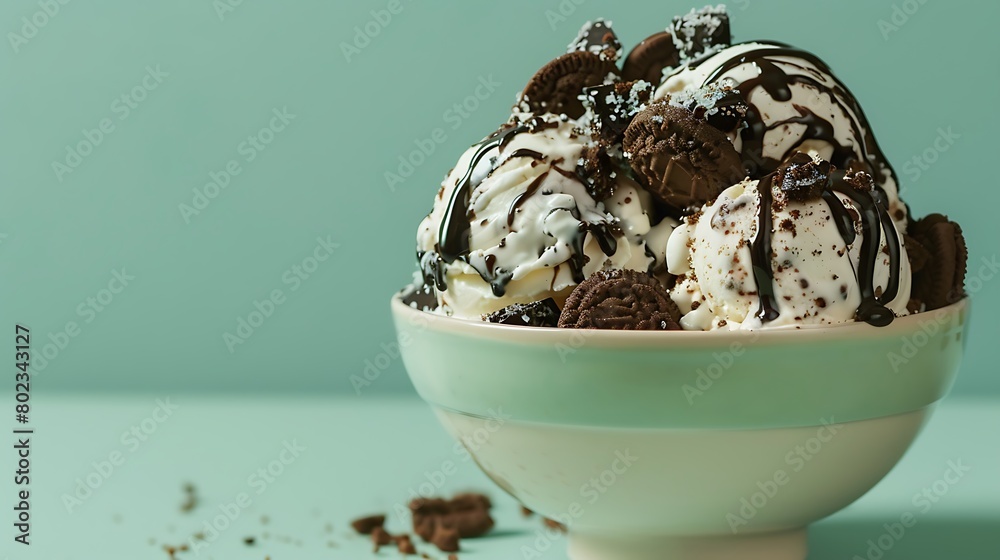 Cookies and Cream Ice Cream Sundae on green background Cookies and Cream Ice Cream Sundae on green background