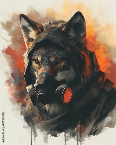 wolf in a gas mask respirator with orange smoke and fire background. 