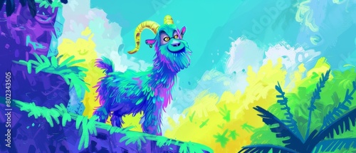 The creature is standing on the cliff. It has blue and green fur and yellow horns. The background is green and blue, with white clouds in the sky. photo