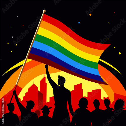 Inspirational silhouette of a person raising the lgbtq rainbow flag against a night cityscape backdrop, symbolizing pride, diversity, and equality amidst a vibrant community gathering