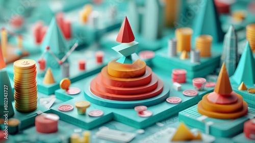 3d render of a colorful abstract geometric landscape with a central pyramid structure