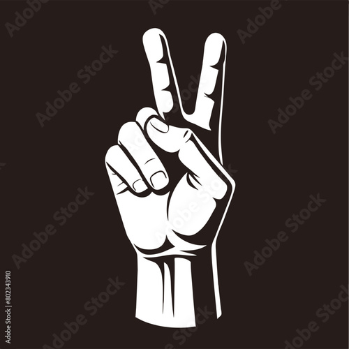 Stylized black and white illustration of a hand showing the victory sign with two fingers raised, embodying peace, victory, and positivity against a dark background