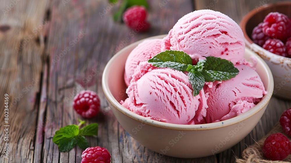 Frozen raspberry ice cream in a bowl on a wooden table Frozen raspberry ice cream in a bowl on a wooden table