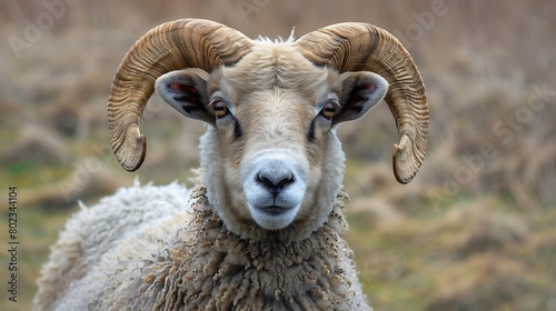 Front view of old ram looking at camera on farm