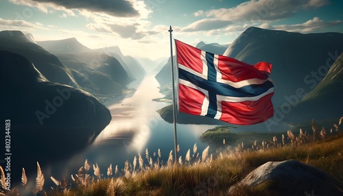 Realistic illustration for norway's constitution day with a serene norwegian fjord landscape. photo