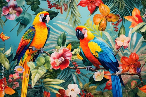 Two parrots sit on a branch in a lush tropical setting