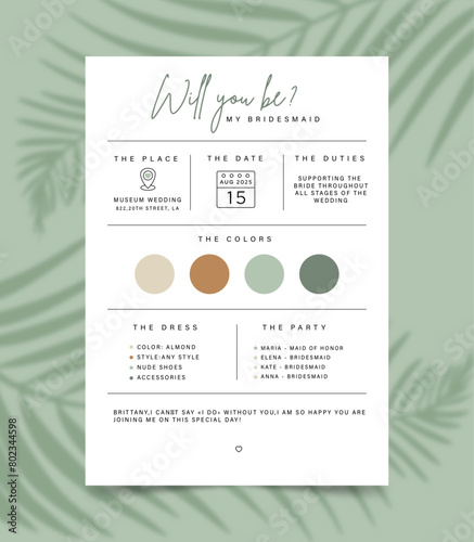 Wedding invitation for bridesmaid template