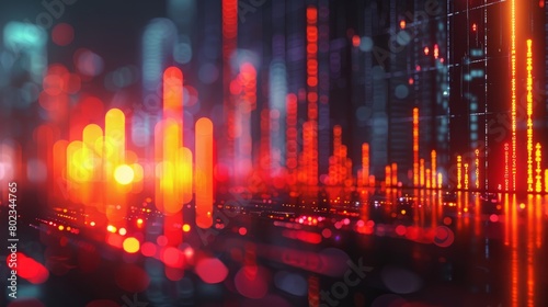 A blurry cityscape with a lot of red and orange lines. The image is abstract and has a futuristic feel to it