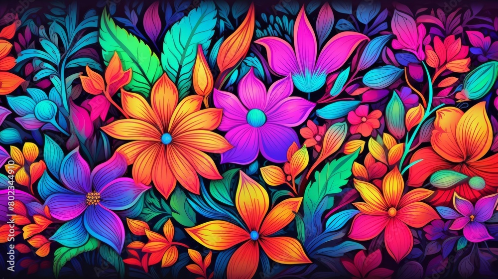 vibrant hand-drawn flowers and leaves with a neon glow vibrant hand-drawn flowers and leaves with a neon glow