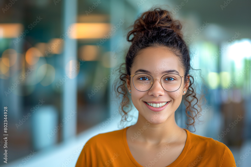 Portrait of smiling young millennial woman in office environment Portrait of smiling young millennial woman in office environment