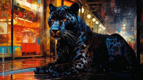 he enigmatic panther  clad in a sleek midnight velvet coat  prowls through a neon-lit urban jungle.