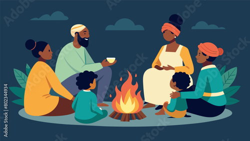 A family sitting around a fire listening to an elder tell stories of their ancestors and the struggles they faced during slavery as part of a. Vector illustration