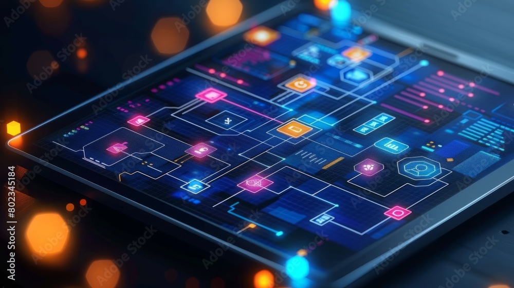 A tablet with a blue screen showing a complex network of lines and dots. Concept of technology and complexity, with the lines and dots representing the intricate connections