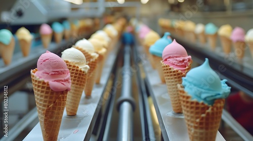 Ice cream cones on a conveyo photo