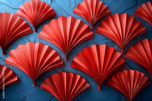 Red origami paper fan on blue background    illustration