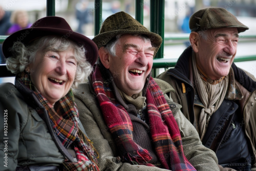 Group of seniors laughing and having fun on a public bus stop. Group of seniors laughing and having fun on a public bus stop.