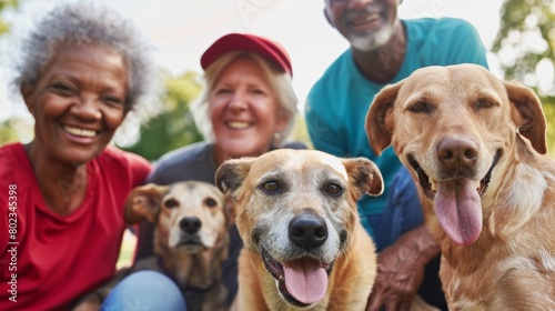 A group of enthusiastic seniors volunteering at a local animal shelter, giving back to their community