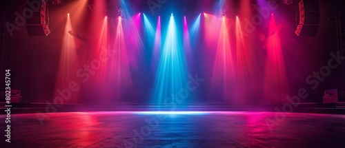 A concert stage bathed in colorful lights empty but brimming with potential for an electrifying performance set against a dark background. photo