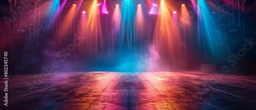A concert stage bathed in colorful lights empty but brimming with potential for an electrifying performance set against a dark background. photo