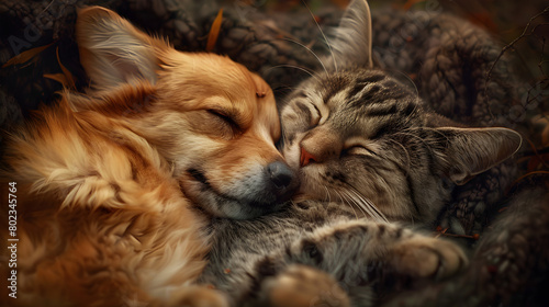 A peaceful image of a dog and a cat sleeping and hugging each other, showing love and friendship. Suitable for pet-related content or relaxation-themed materials.