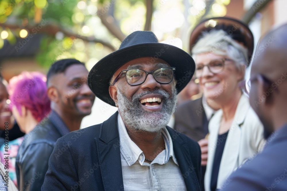 Portrait of happy african american senior man smiling with friends in background Portrait of happy african american senior man smiling with friends in background