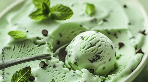 Organic Green Mint Chocolate Chip Ice Cream with a Spoon © Alexander