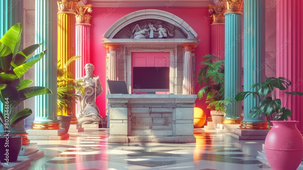 A room with a pink wall and green pillars. A statue of a man is on a table. A vase is on the floor