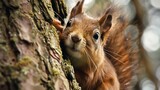 Red squirrel close up of face looking around a tree trunk